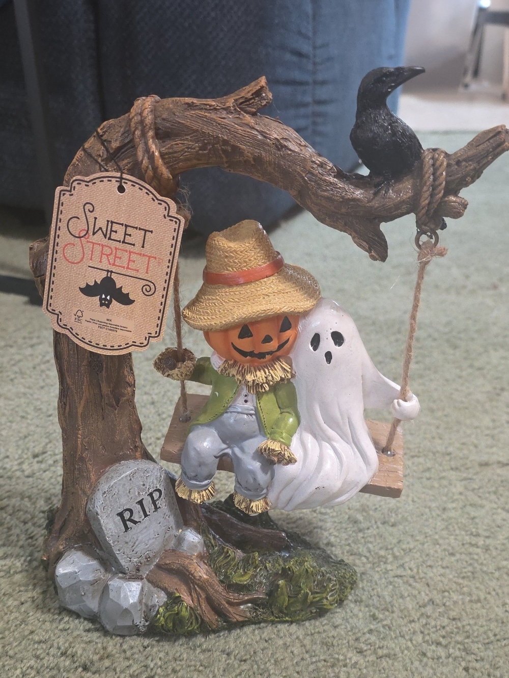 Nwt Halloween Pumpkin & Ghost Swing Figurine - Green/White